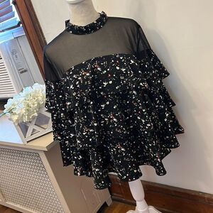 P Luca Milano black tiered mesh blouse Size L EUC